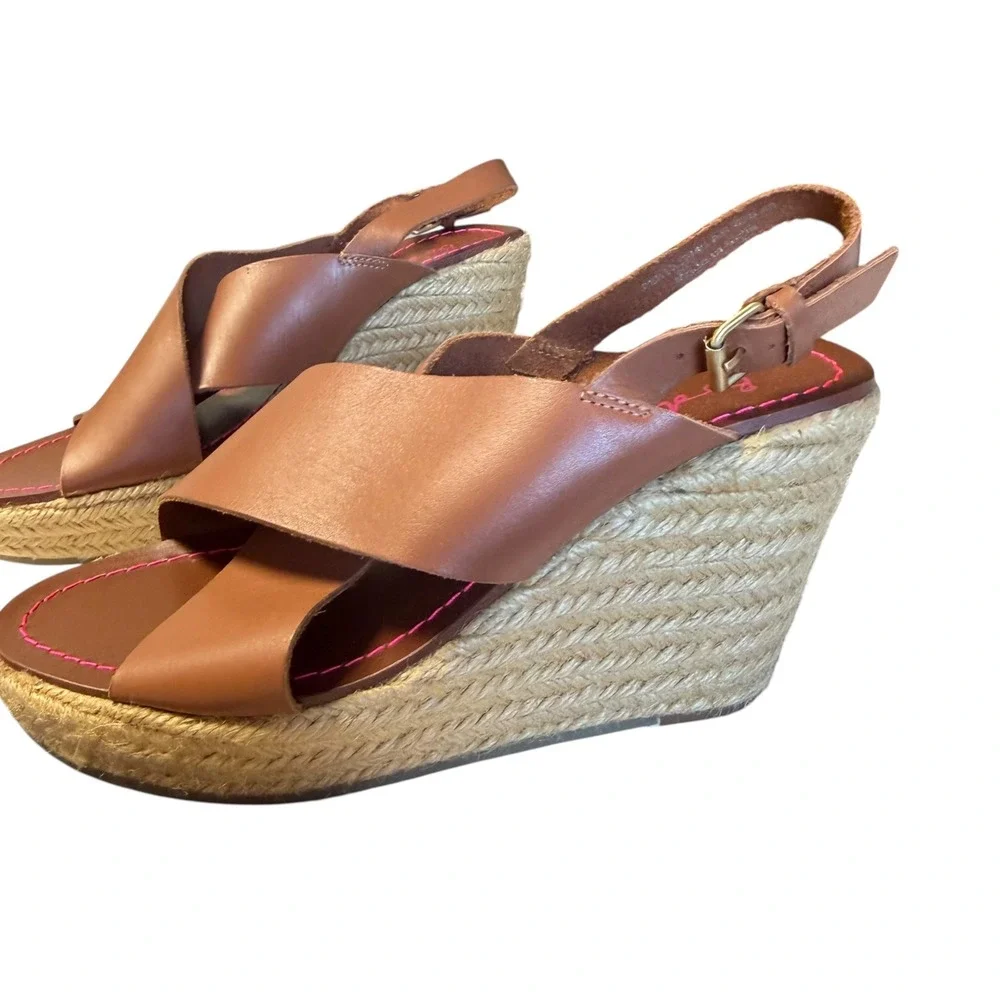 Boden Tan Leather Espadrille Wedge Sandals Slingback Brown Pink Stitch 40 9.5
